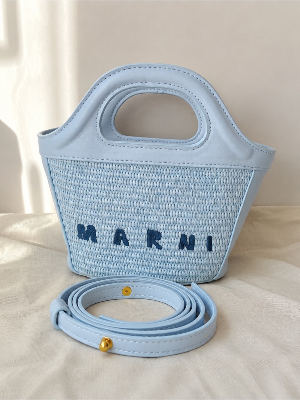 Marni Baby Blue Woven Mini Tote with Detachable Strap - Picture 2 of 4